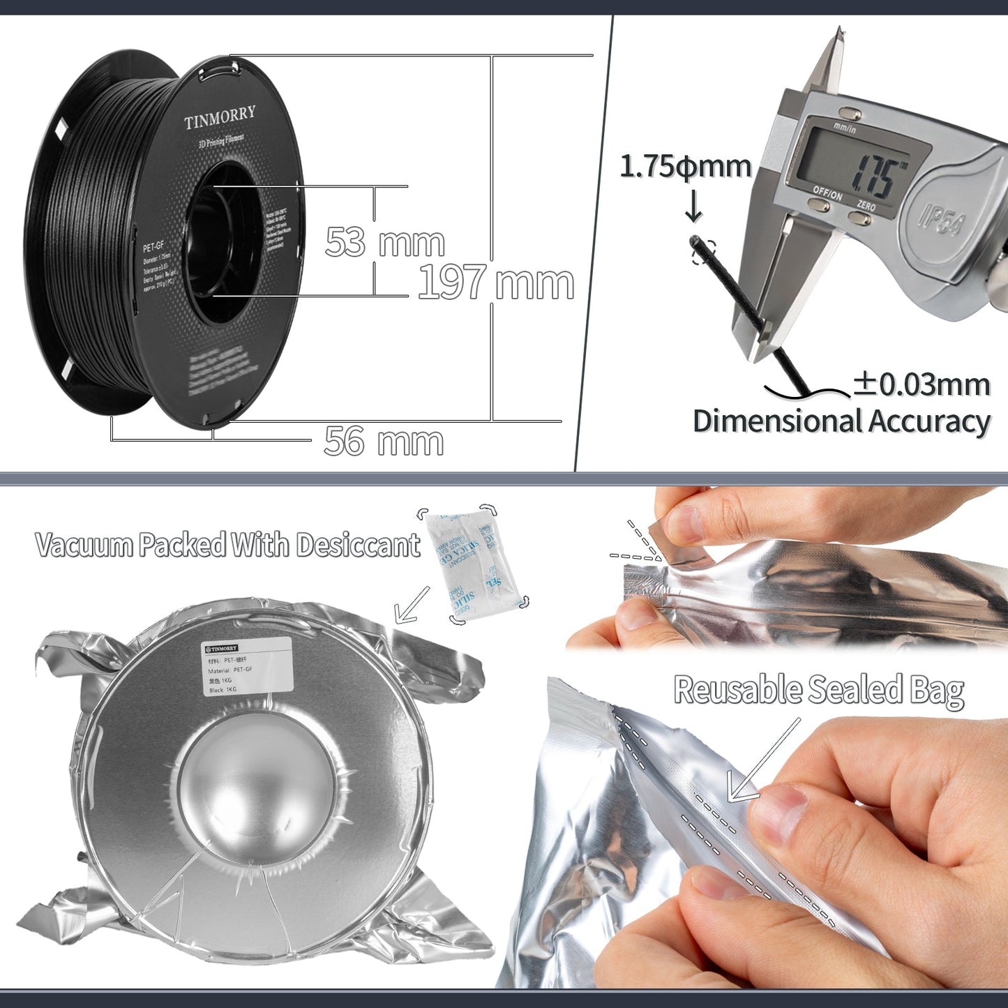 TINMORRY PET-GF Filament 1.75mm 1Kg 4 Rolls